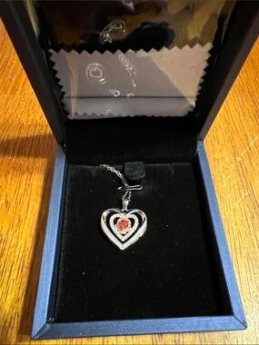 Sterling Heart Pendant Necklace with Red Gem Accent